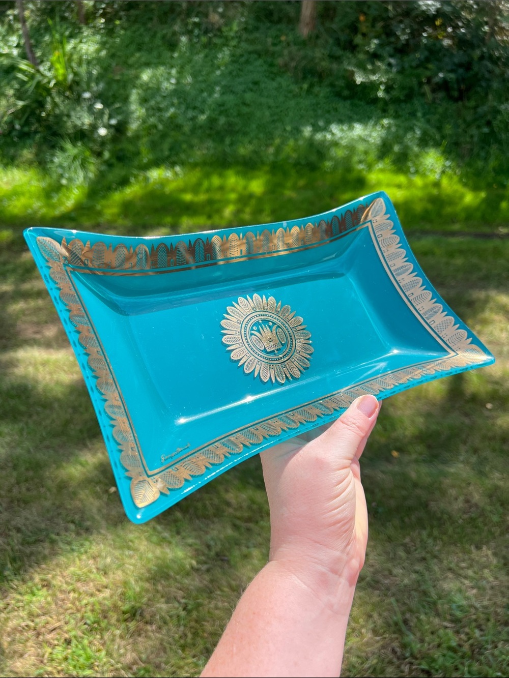 Vintage MCM George Briard Blue Teal Gold Glass Tray Hawaiian Crown Regalia